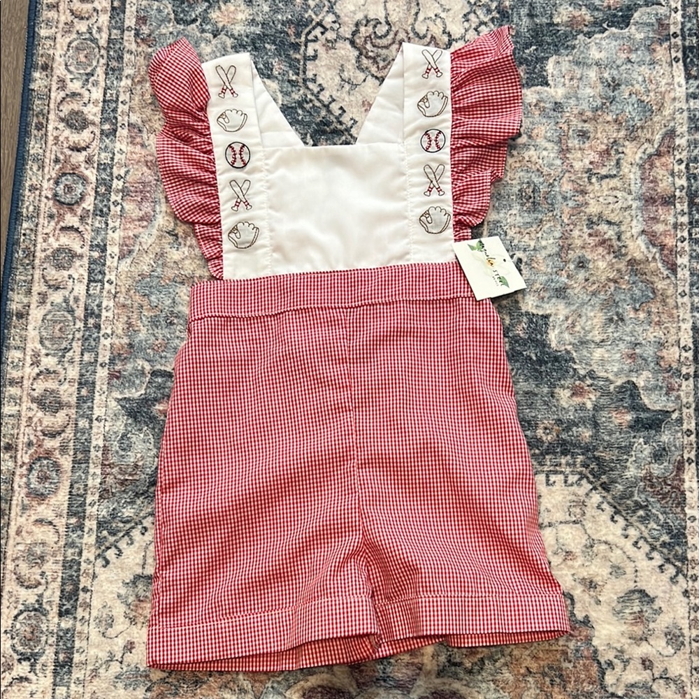 Red and White Jumpsuit with Ruffled Straps